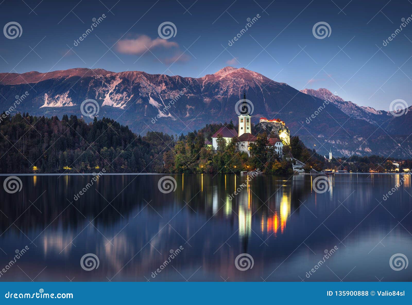 lake bled with st. marys church of the assumption on the small island; bled, slovenia, europe
