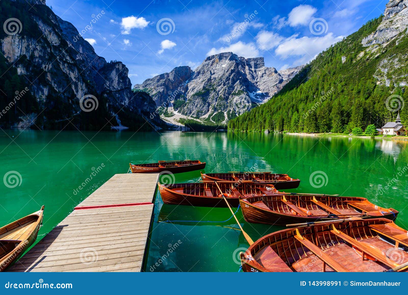 lake braies (also known as pragser wildsee or lago di braies) in dolomites mountains, sudtirol, italy. romantic place with typical