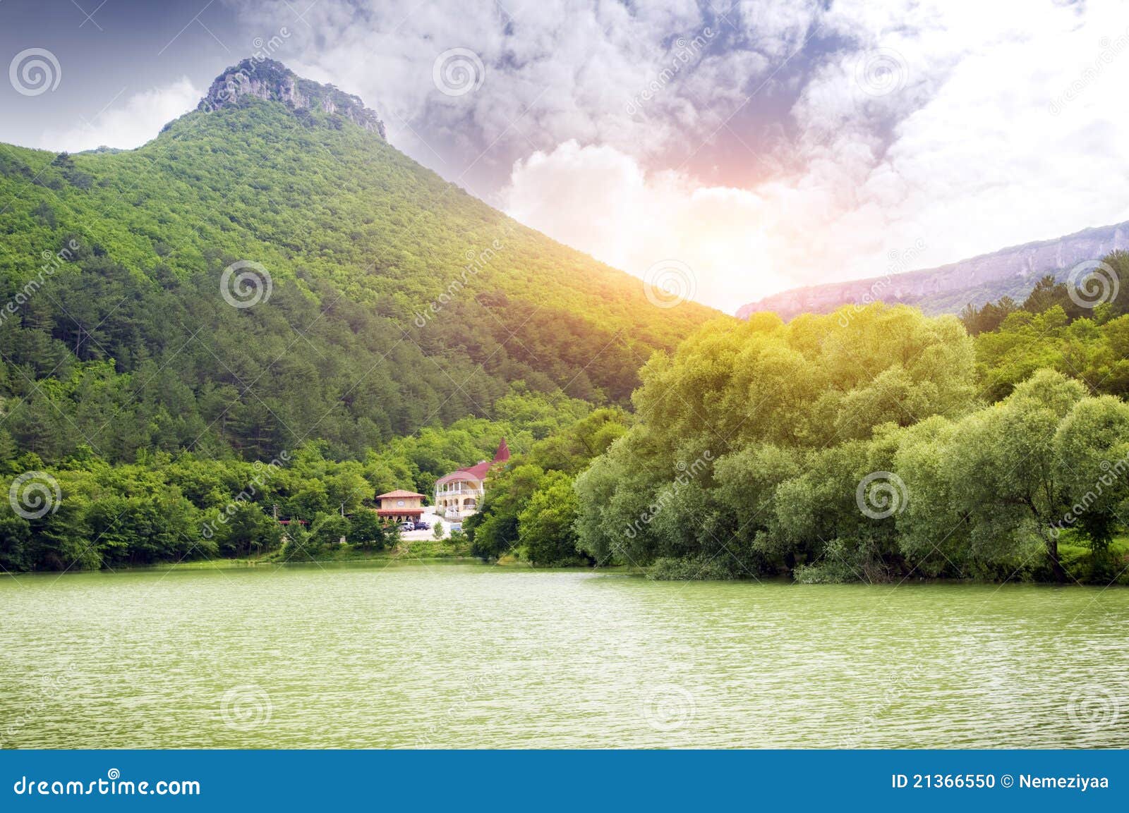 Lake in a green mountains stock photo. Image of plain 21366550
