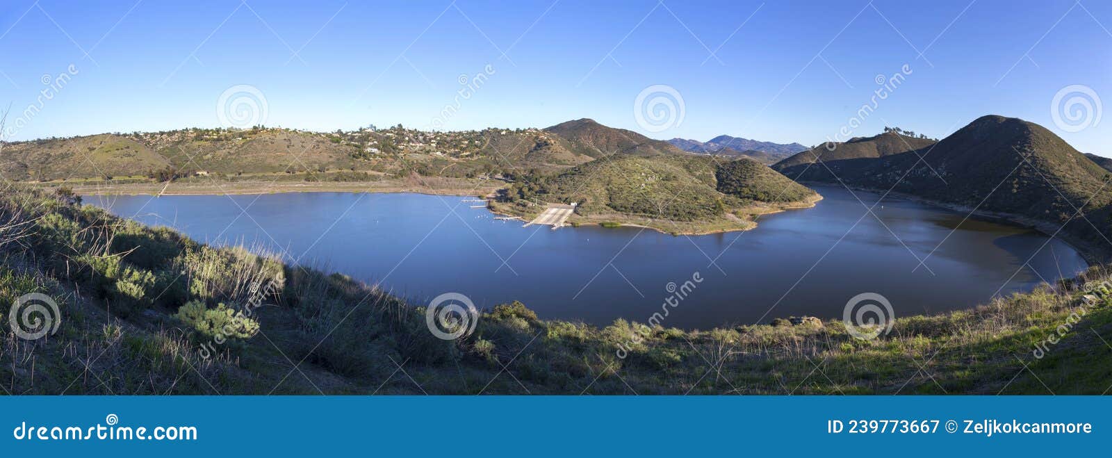 lake hodges panoramic landscape from fletcher point in san dieguito river park