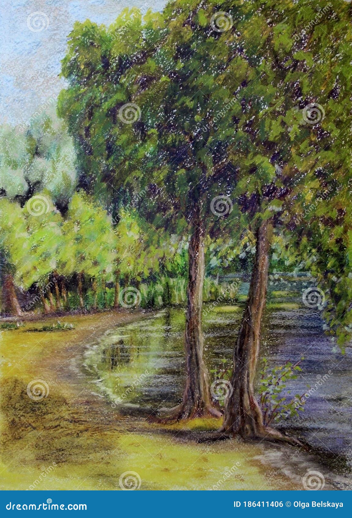 At a Lake. Landscape from Nature. Drawing Oil on Paper. Stock Illustration - Illustration of drawing, 186411406