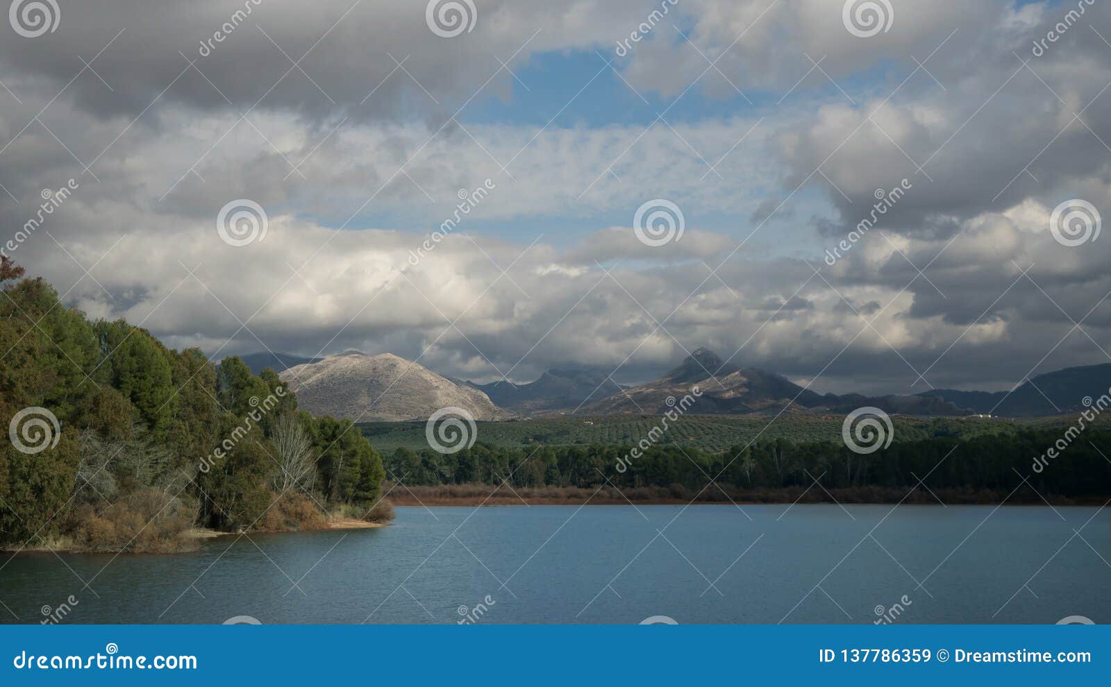 lake and mountains with cloudy blue sky - lago y montaÃÂ±as con cielo azul nublado