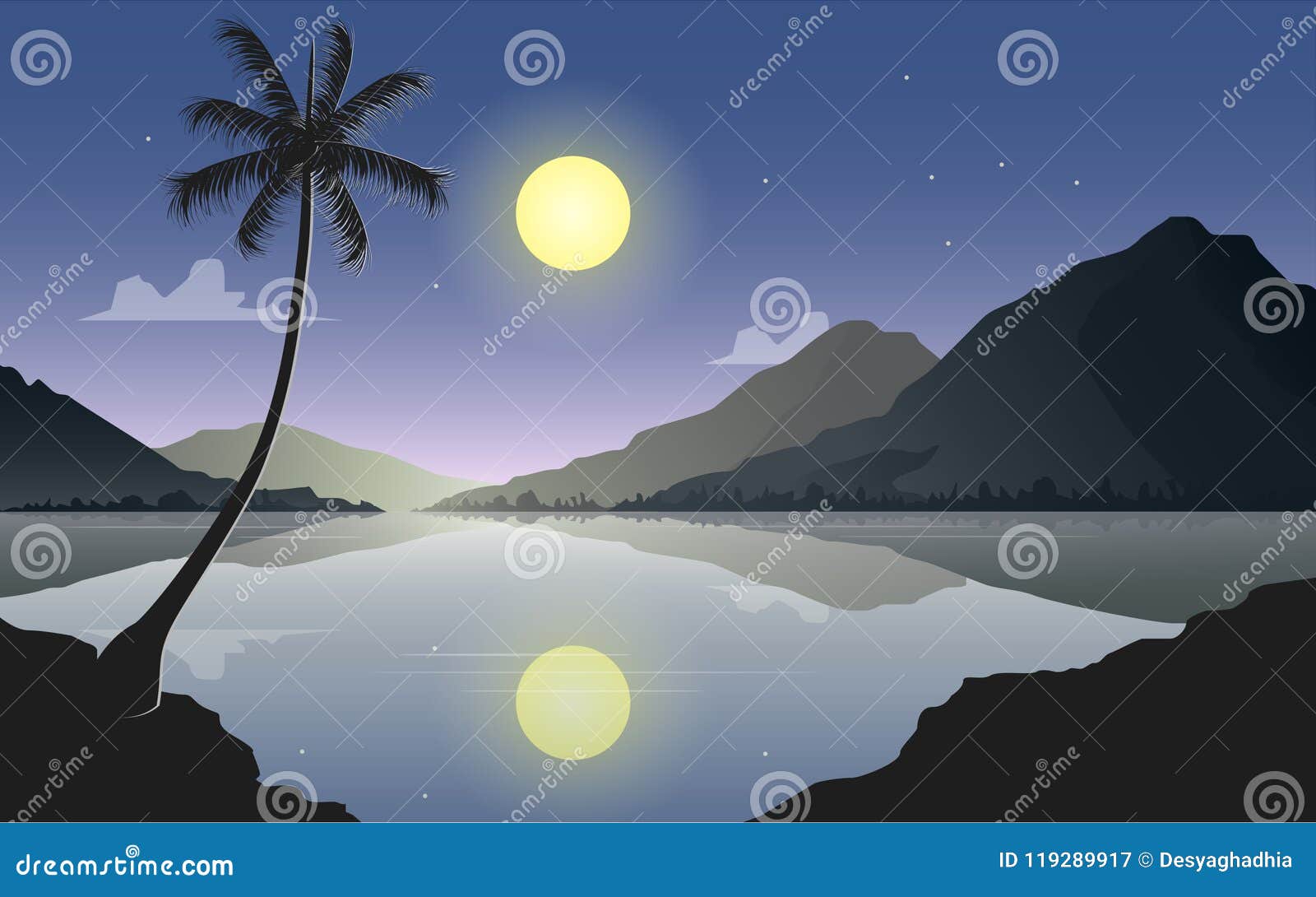 Lake and Mountains Night Scenery. Moon and Mountains Reflection on ...