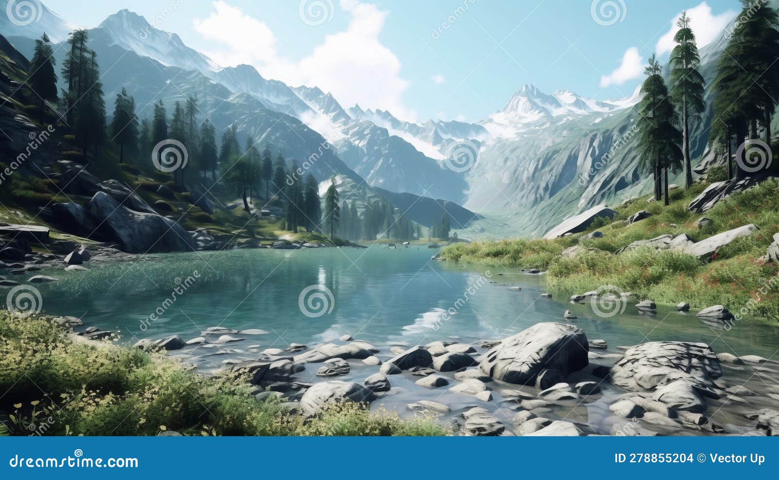 Lake Nestled Amidst Towering Mountain. Generative AI Stock Illustration ...