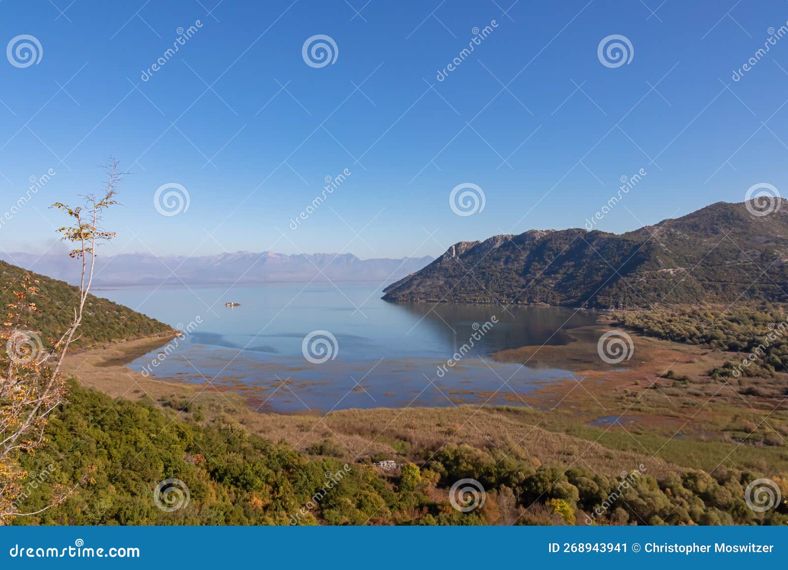 lake skadar - panoramic view of ruins on island grmozur in lake skadar national park in autumn seen from godinje, bar, montenegro