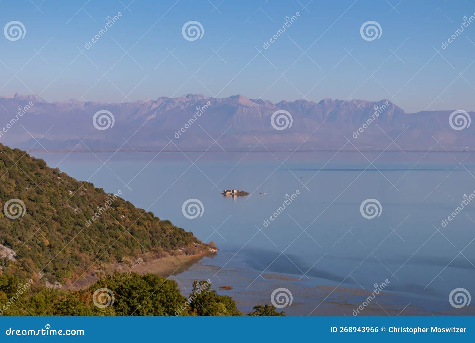 lake skadar - panoramic view of ruins on island grmozur in lake skadar national park in autumn seen from godinje, bar, montenegro