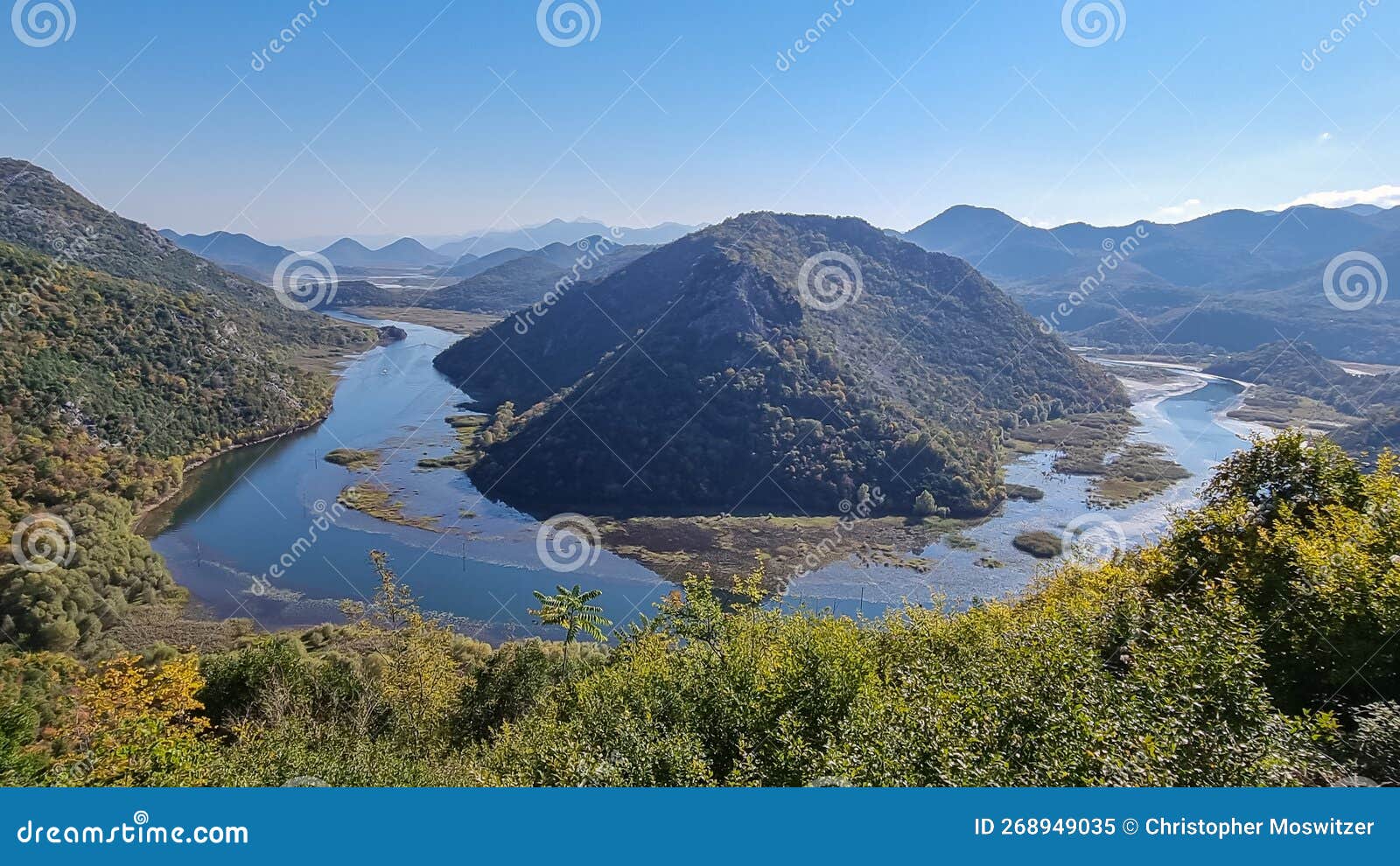 lake skadar - scenic view from pavlova strana on horseshoe bend of river crnojevica winding in lake skadar national park