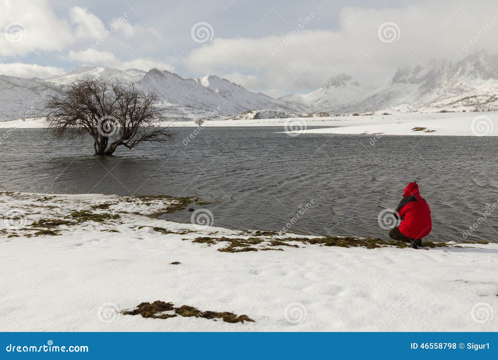 lake with snow man