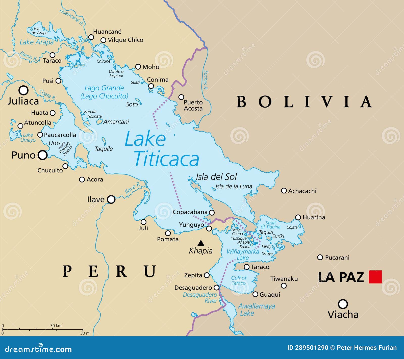 Lake Titicaca, on the Border of Bolivia and Peru, Political Map Stock