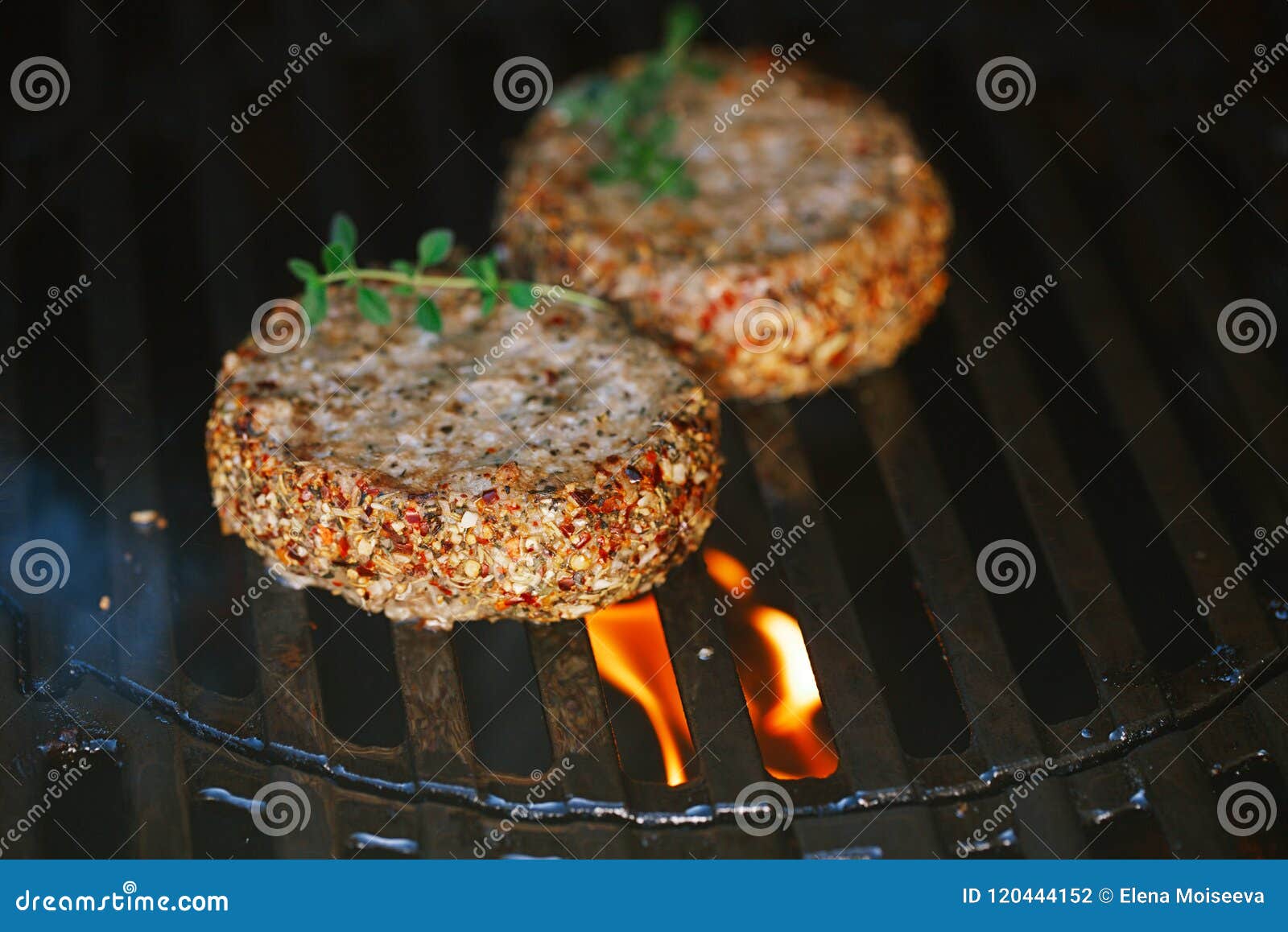 Lamb Burgers Spiced by Lamb Rub on Bbq Grill with Flame Stock Photo