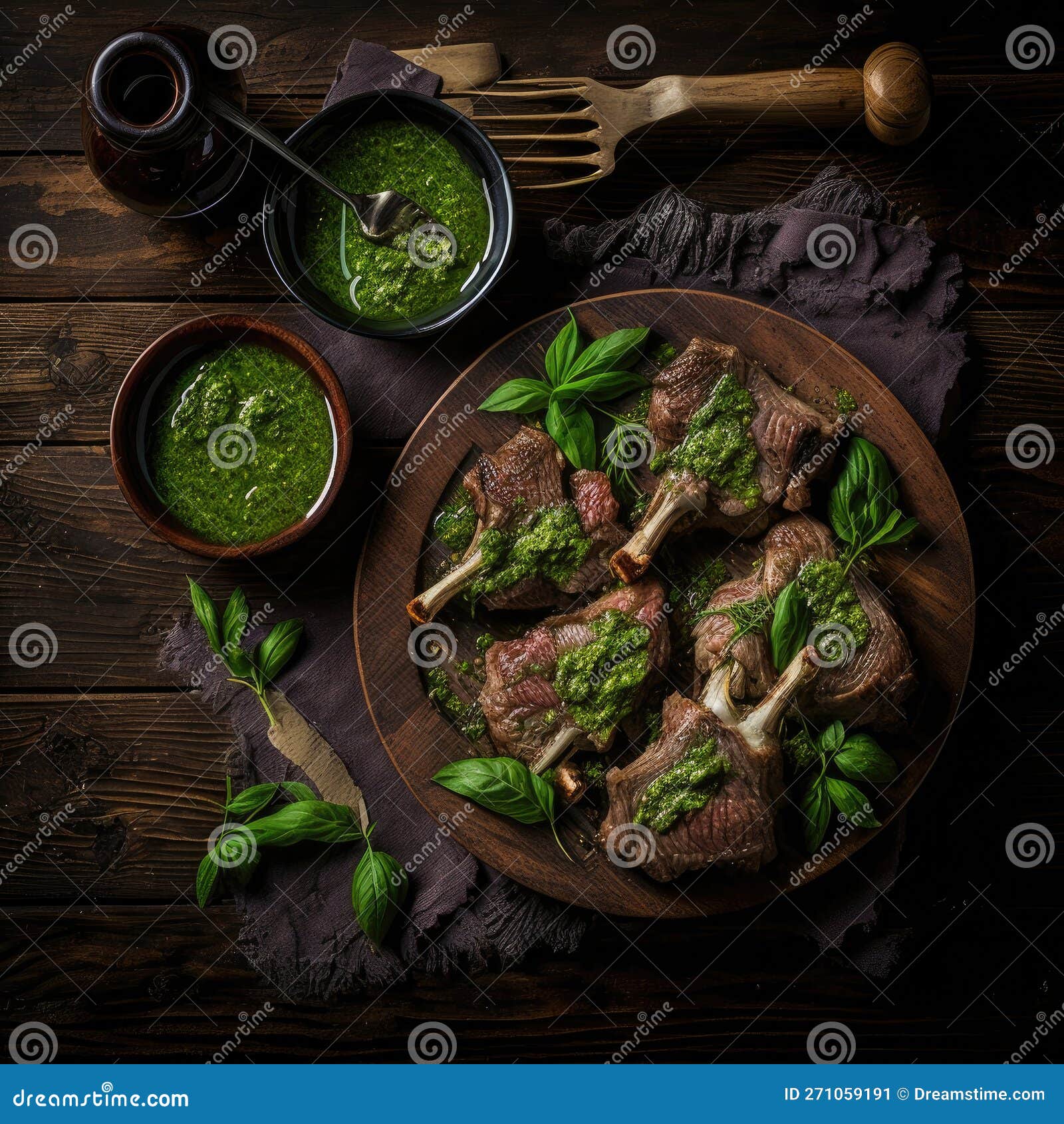 Lamb Chops Prepared with Pesto Sauce. Illustration AI Generative Stock