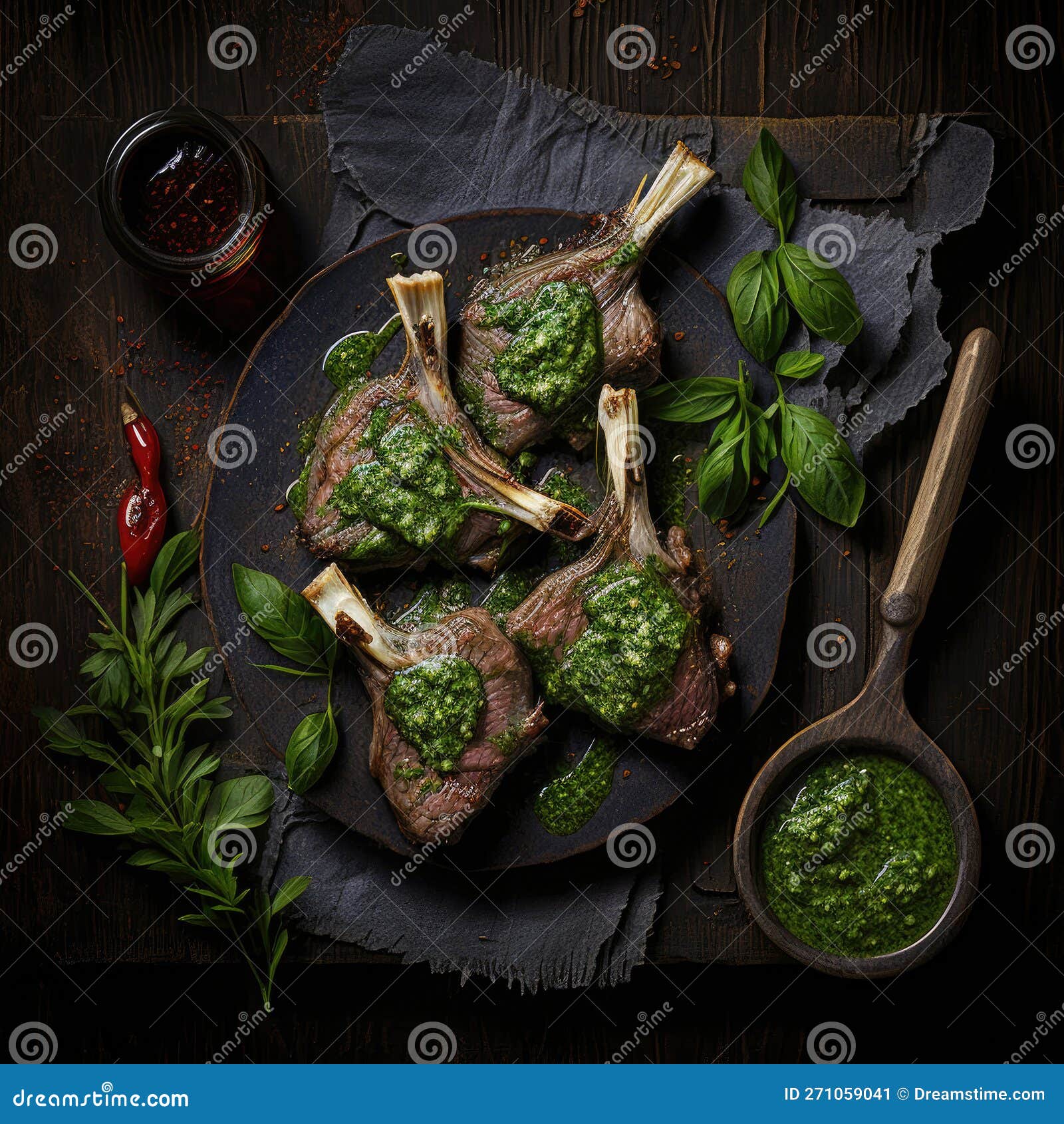 Lamb Chops Prepared with Pesto Sauce. Illustration Generative AI Stock