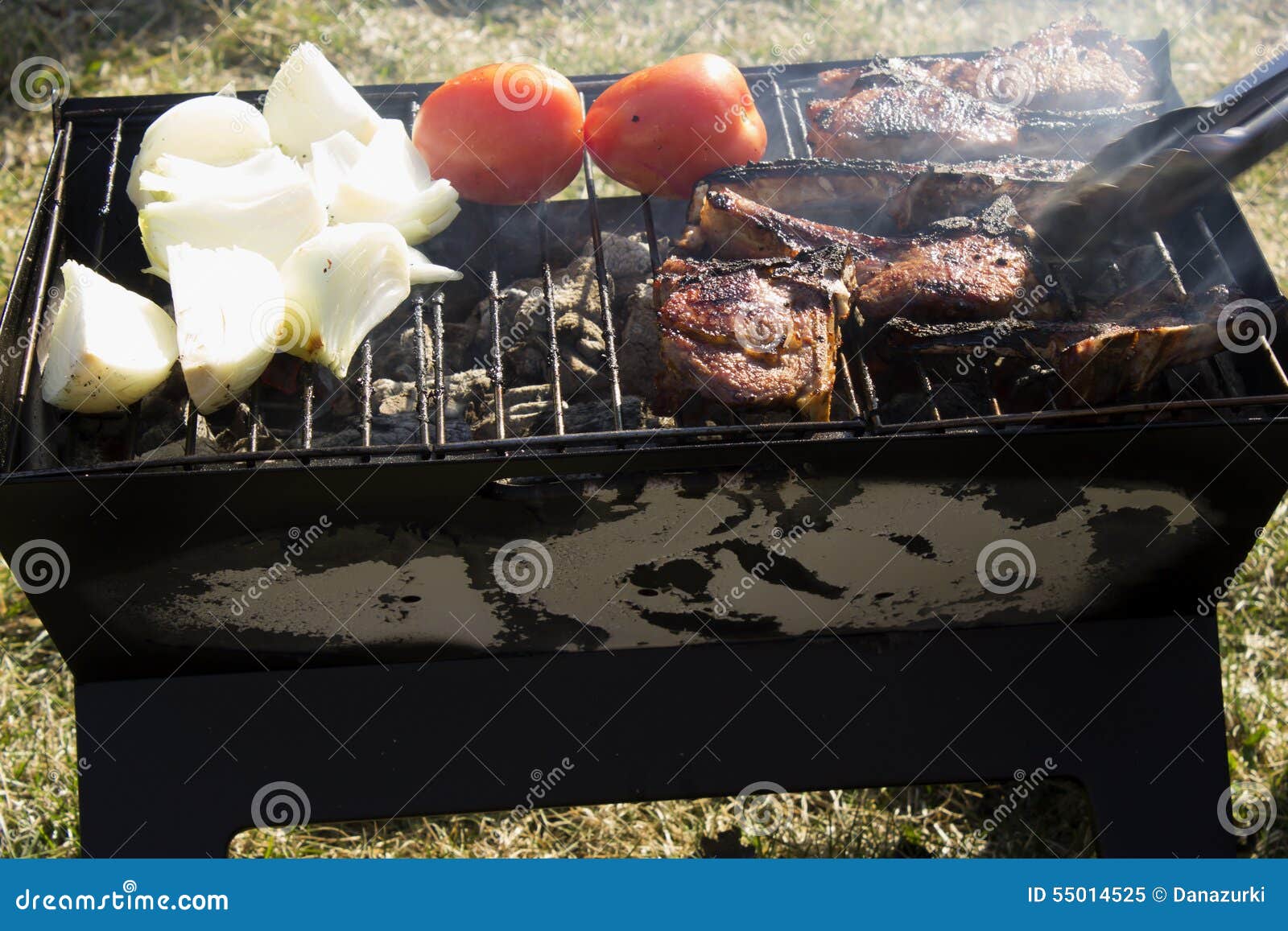 Lamb Chops,Tomatoes and Onions on a Charcoal Grill Stock Image Image