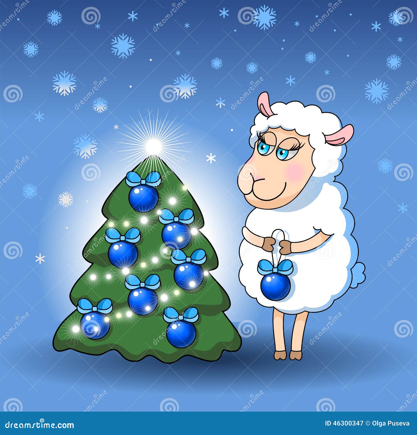 Lamb Decorates a Christmas Tree Stock Vector Illustration of