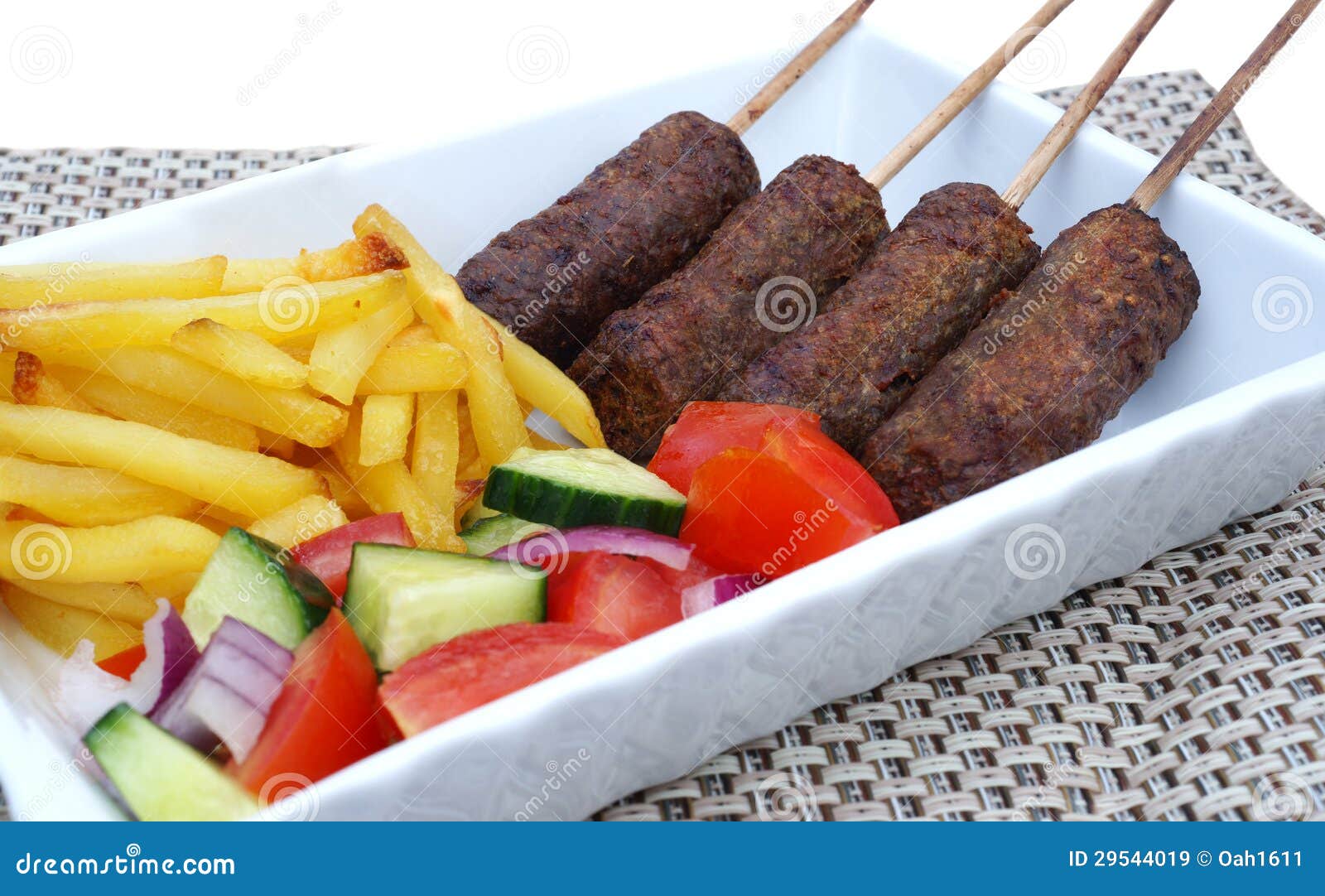 Lamb Kebab with Fries and Salad Stock Image Image of grill, isolated