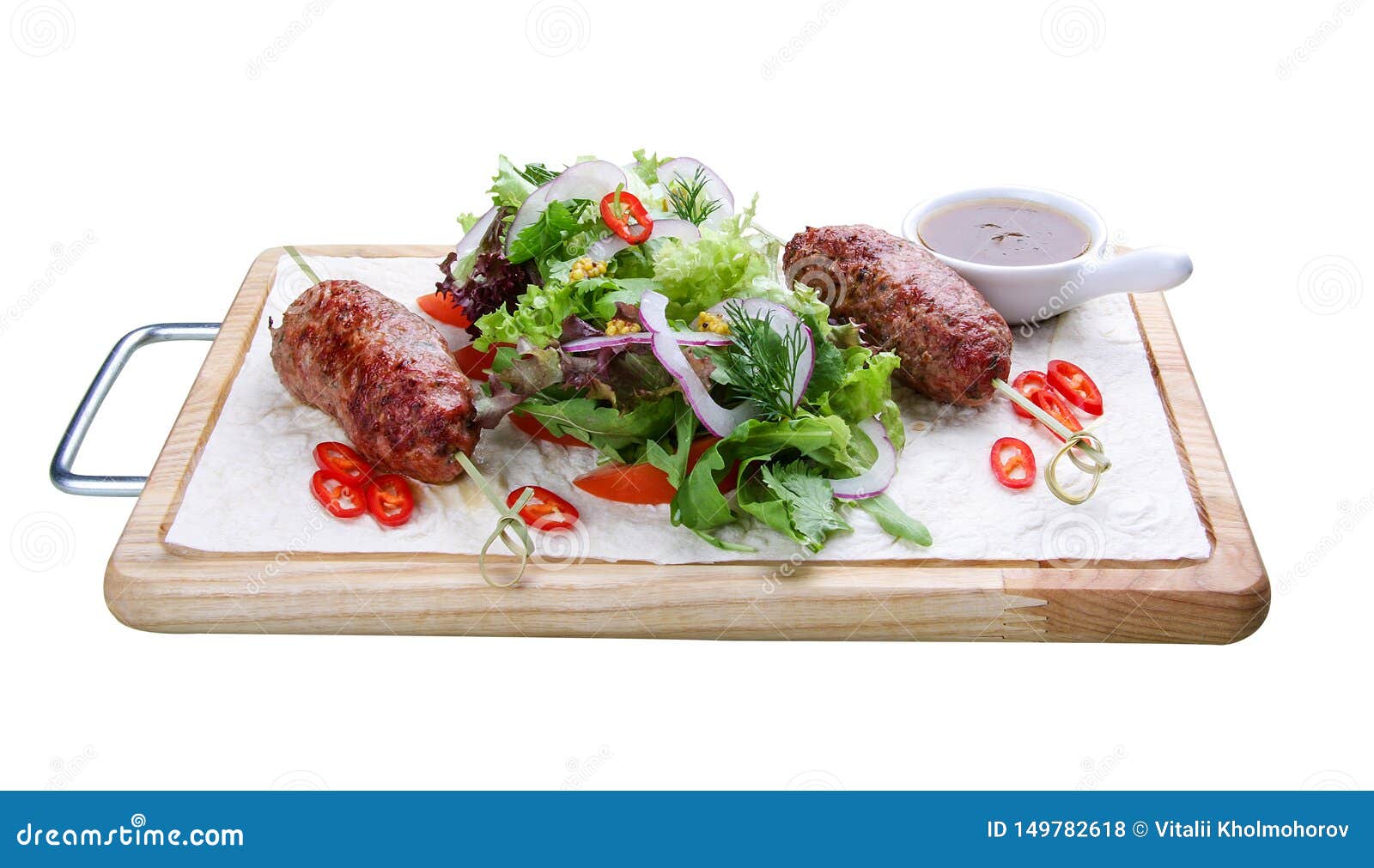 Lamb Kebab With Mixed Salad On A Wooden Board Stock Photo Image of