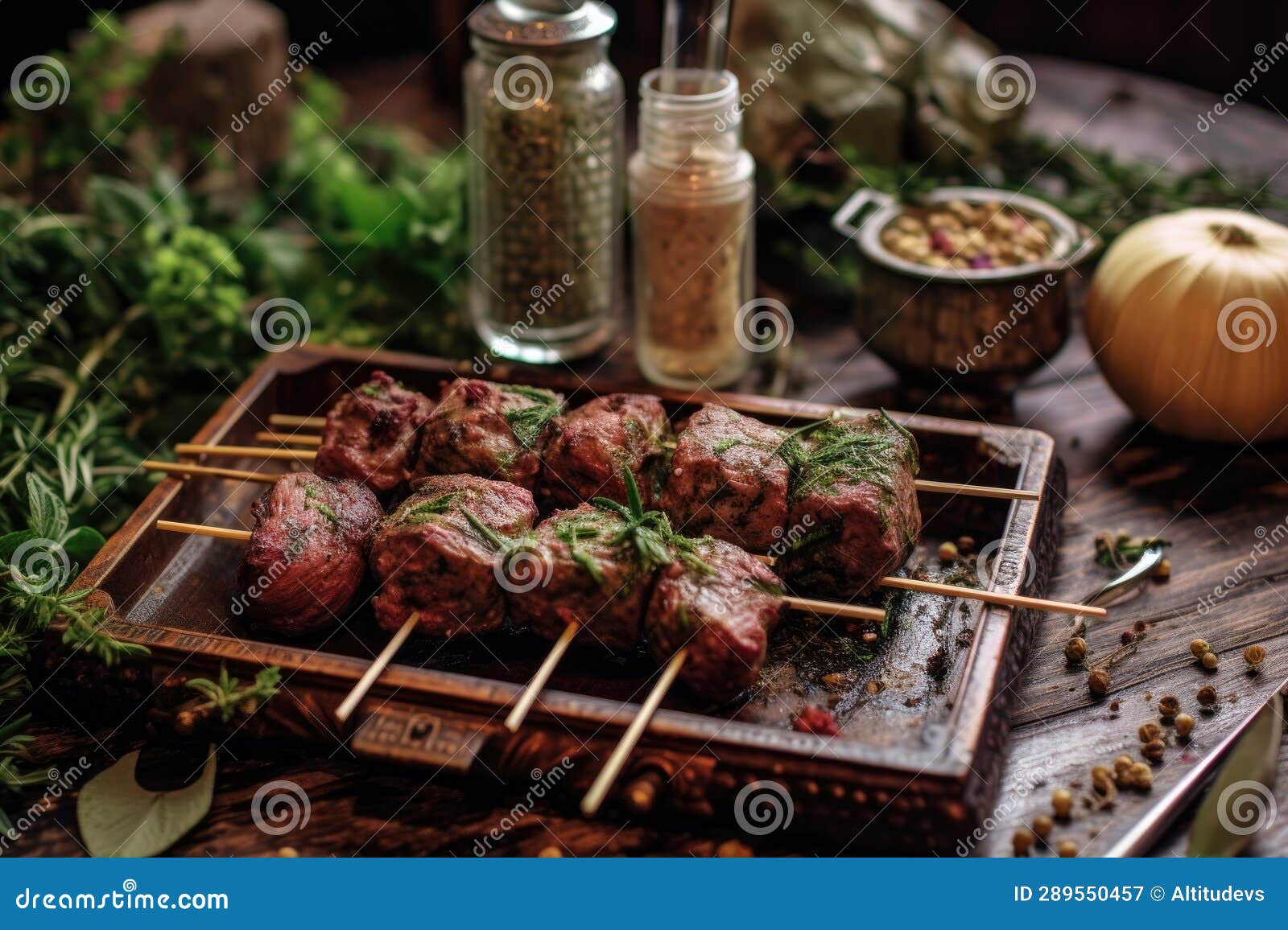 Lamb Kebabs Marinating in Herbs and Spices Stock Illustration