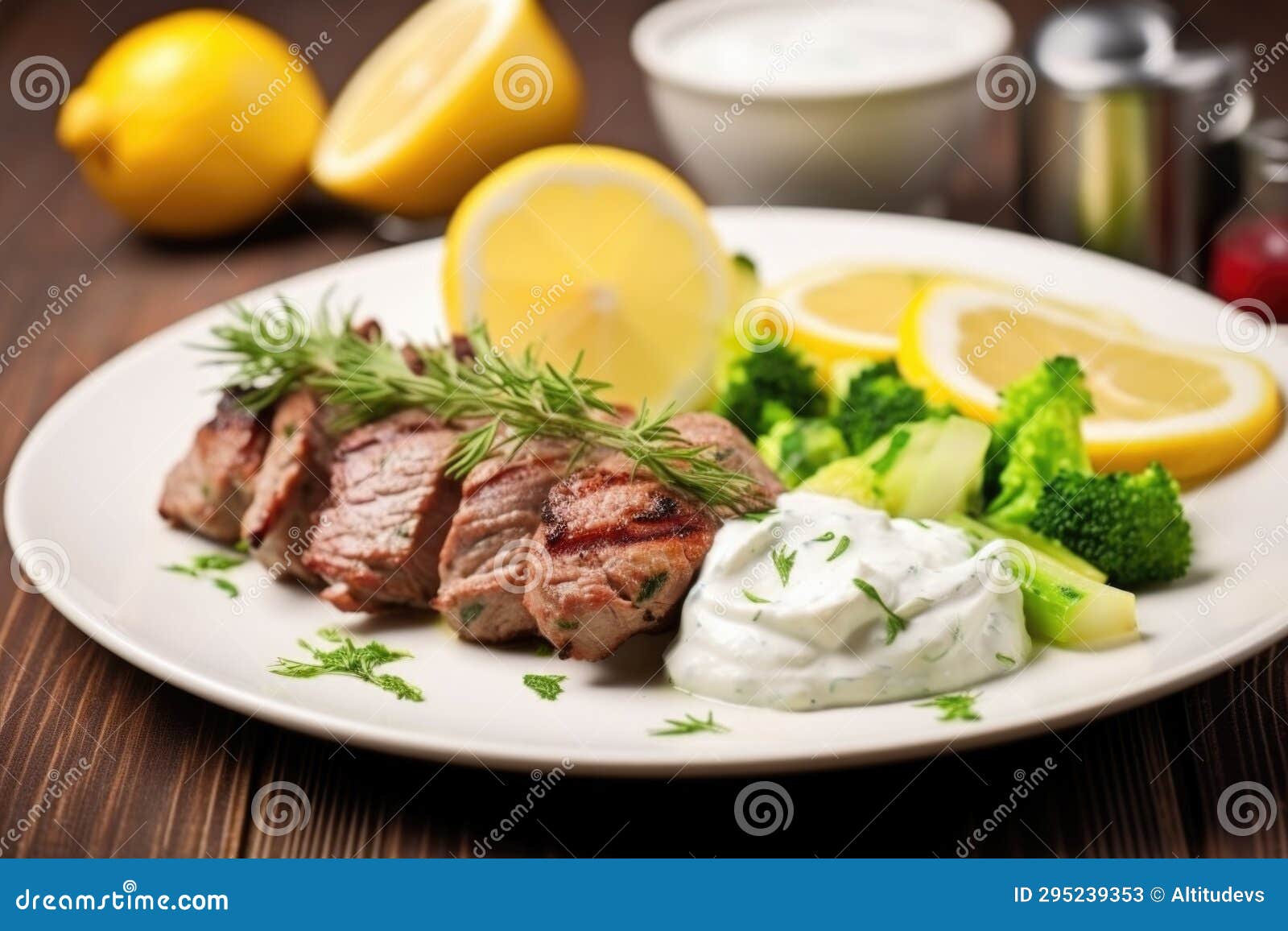 Lamb Kebabs Served with Lemon and Dill Yogurt Sauce Stock Image Image