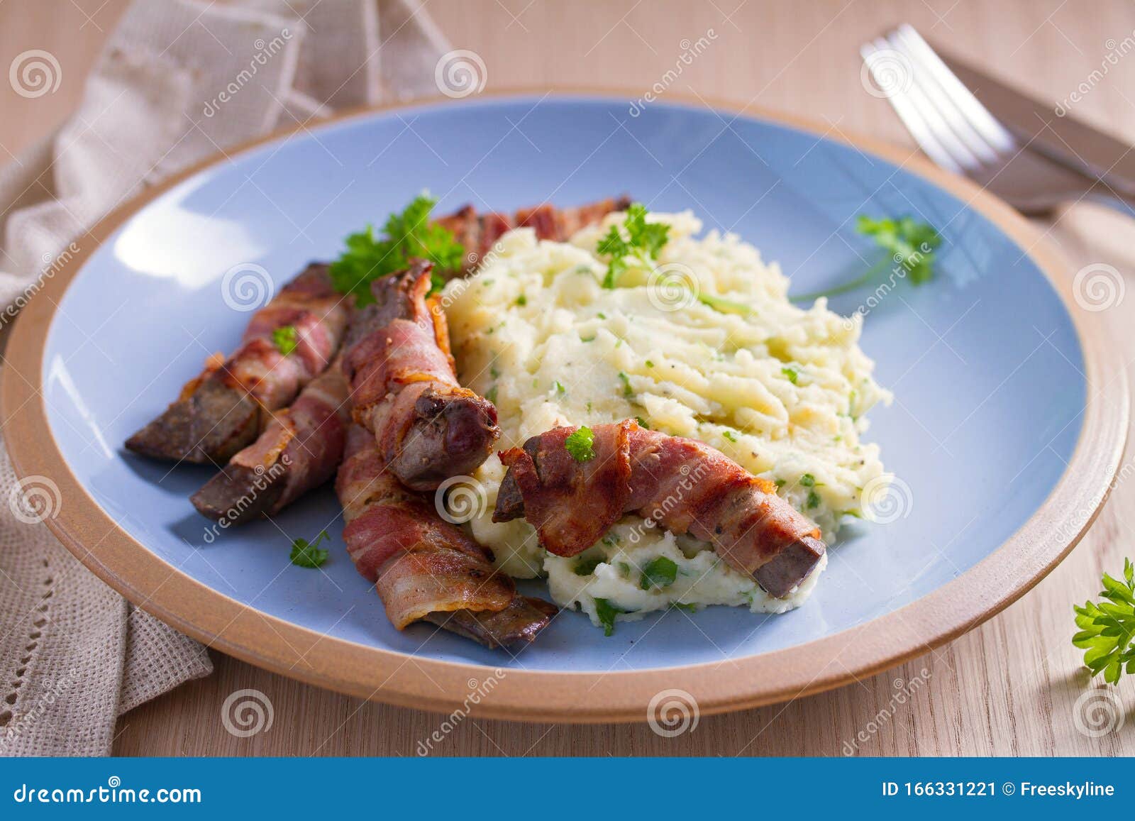 Lamb Liver Wrapped in Bacon with Mash Potato. Stock Image Image of