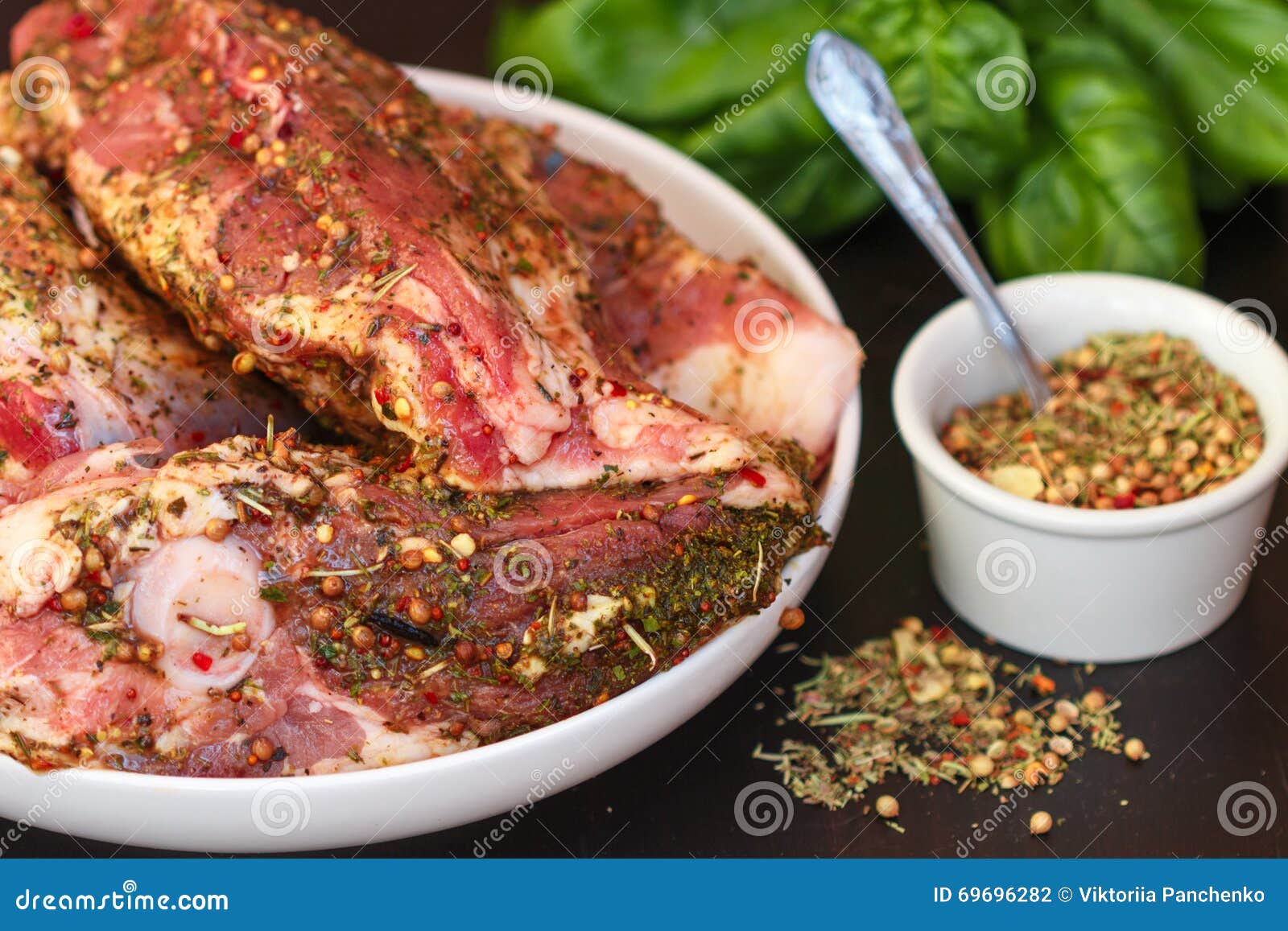 The Lamb in the Marinade. Raw Meat with Spices Stock Photo Image of