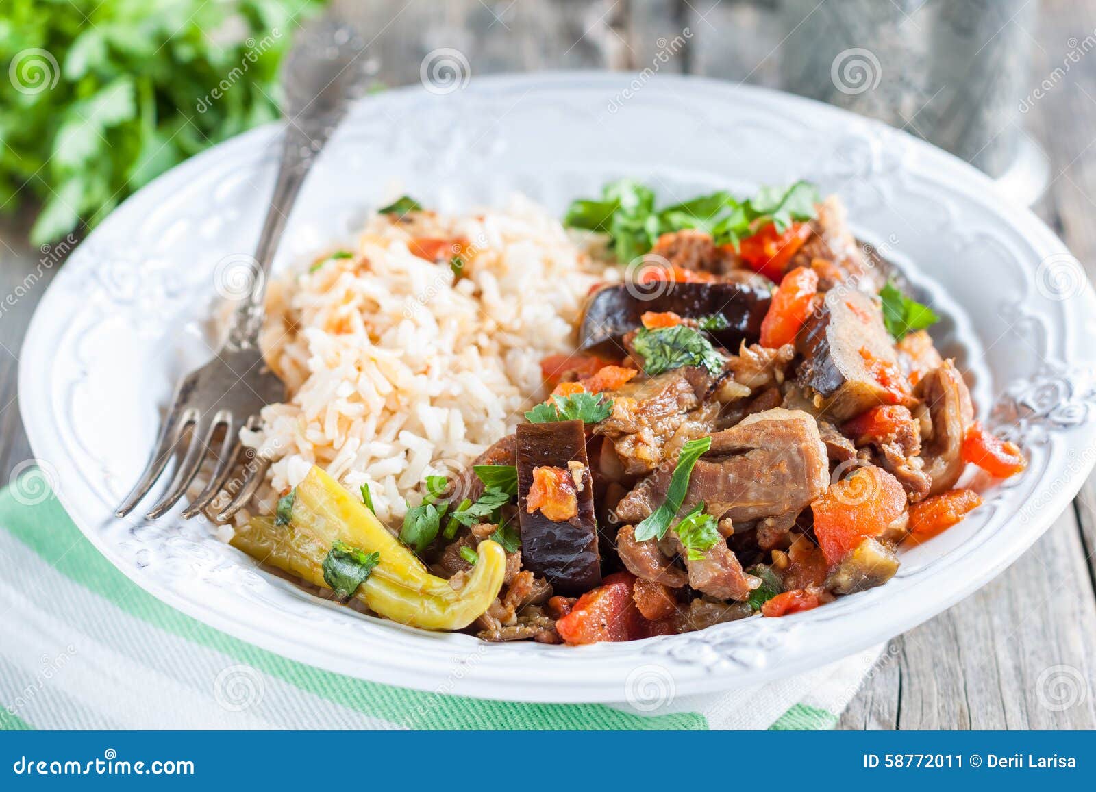 Lamb Stew with Eggplant, Vegetables and Rice Stock Image Image of