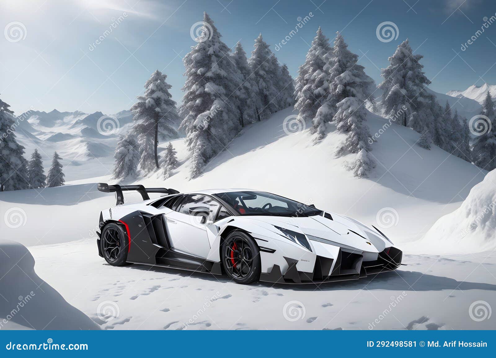 a lamborghini veneno on a snowy mountain peak surrounded by pristine white snow generated by ai