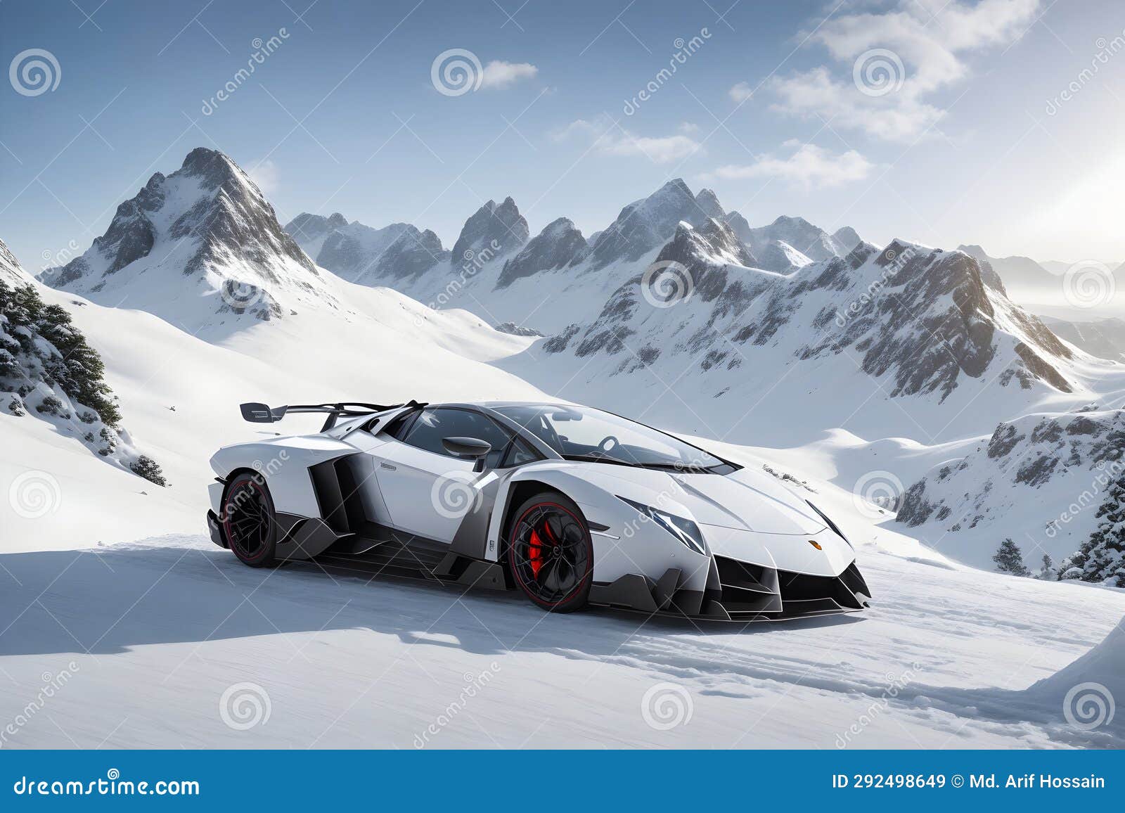 a lamborghini veneno on a snowy mountain peak surrounded by pristine white snow generated by ai