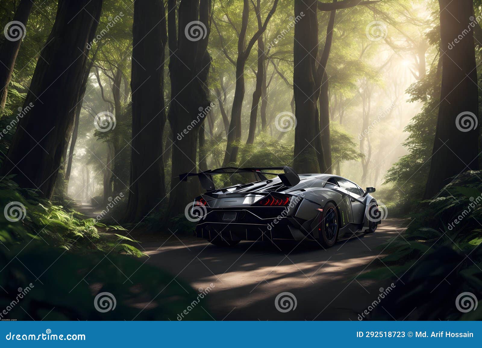 lamborghini veneno supercar in the mystical forest filled with ancient trees generative by ai