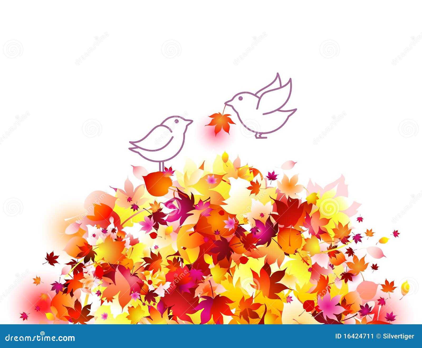 Lames d'automne et oiseaux - illustration romantique. Concept : Amour et soin. Fond artistique de vecteur d'une paire de petits oiseaux blancs mignons dans l'amour, se reposant sur les lames tombées par automne coloré. Les oiseaux stylisés sont la ligne tirée par la main décoration gaie grande d'art. pour le Web et estampent des conceptions automnales - cartes de voeux, conceptions de souhaits de vacances, titre de bas de page de site Web/en-tête. Également il peut être utilisé en tant que décoration de jour d'action de grâces. Belle illustration propre et claire de dessin animé.