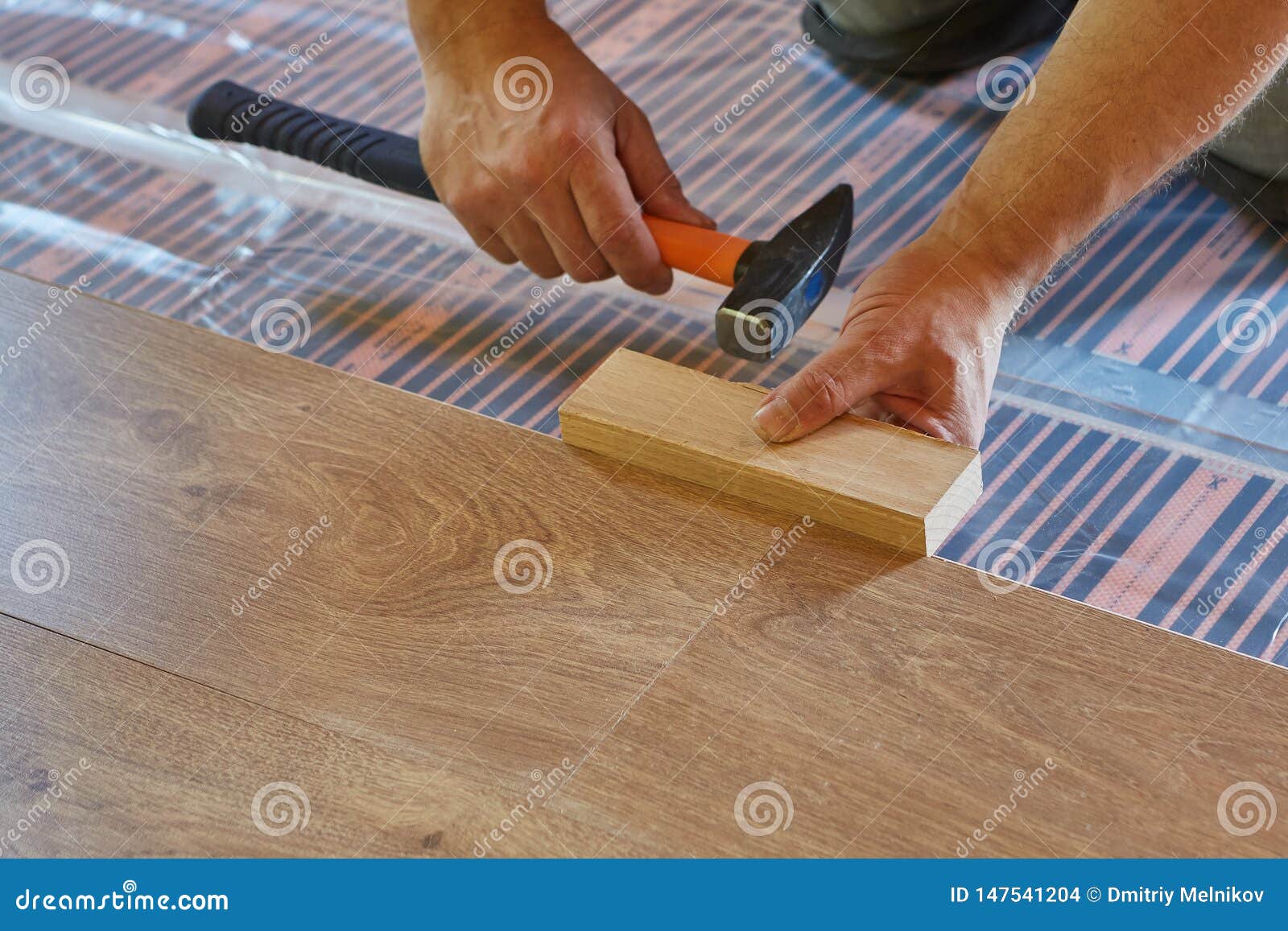 Laying Laminate Covering On Heat Insulated Floor Stock Photo