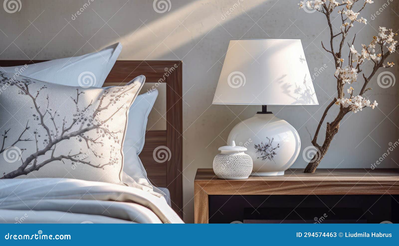 Lamp on the Bed in the Bedroom. Stock Image Image of bedding, style