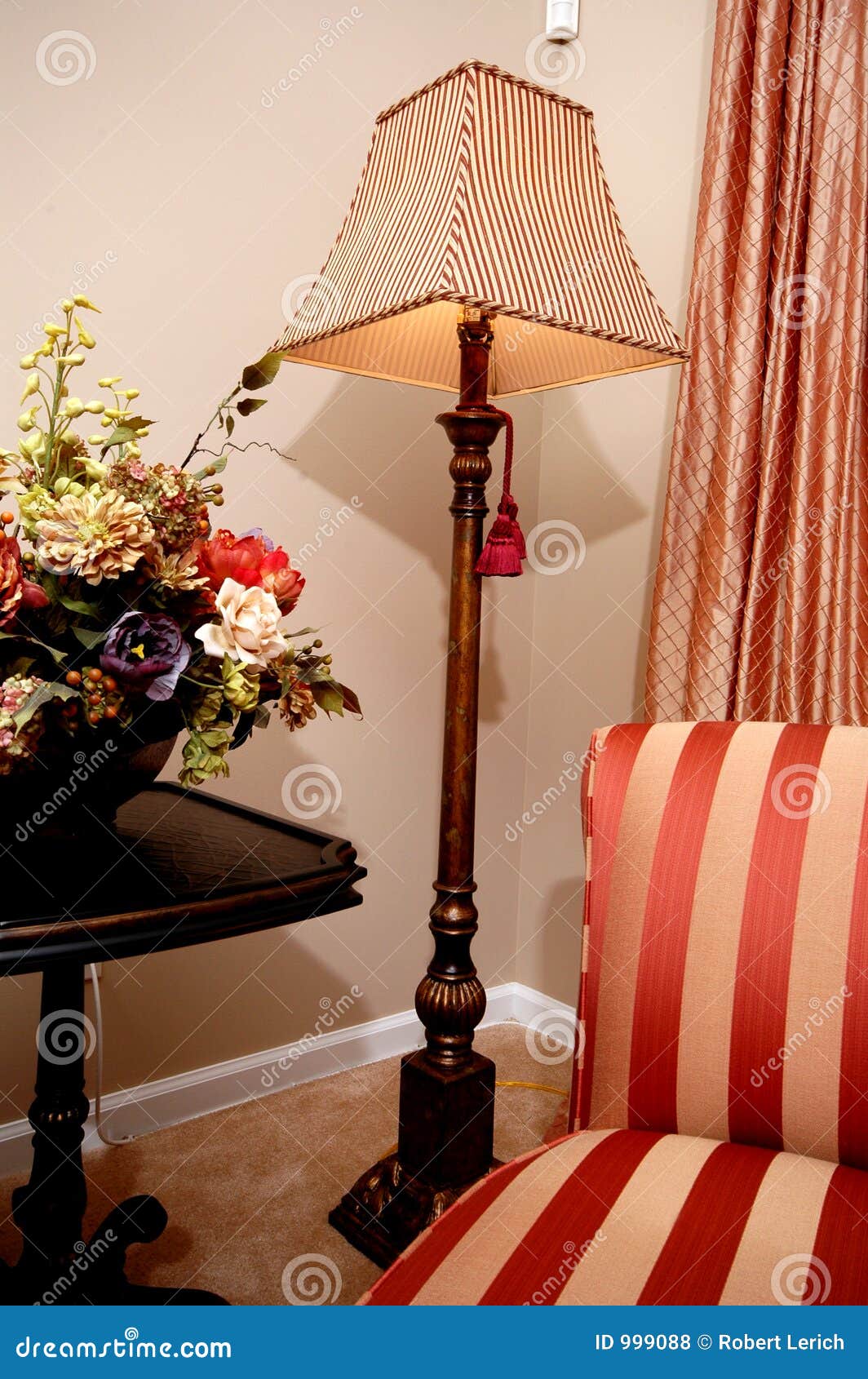 Lamp and Chair in Living Room Stock Photo Image of curtain, flowers