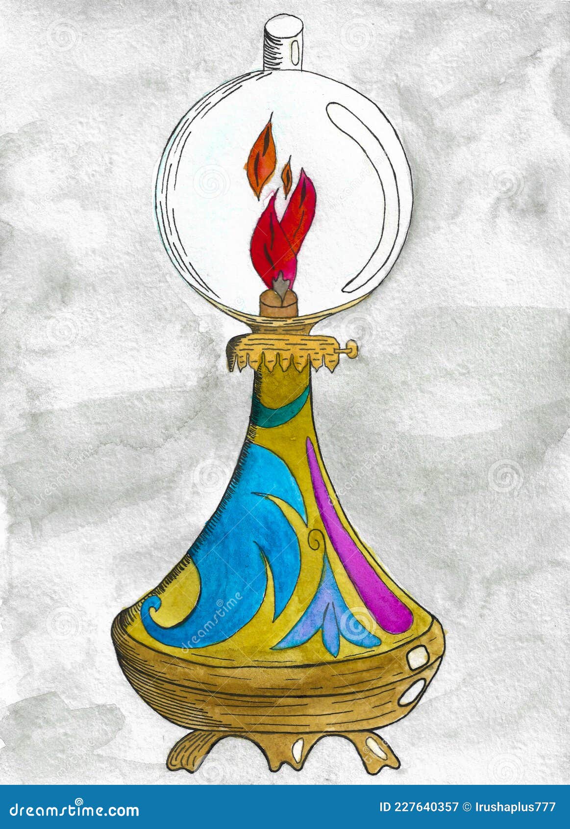 Lamp by Watercolor with Fire and Light from it. Drawn by Hand with