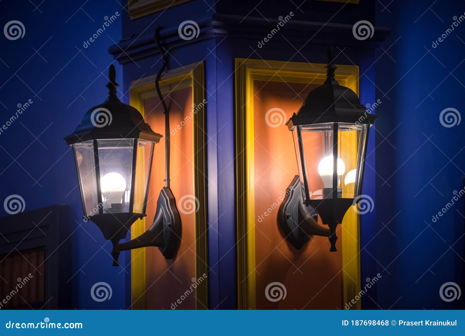 Lamp Post or Lantern with Light Bulbs Decor on Wall Stock Photo Image