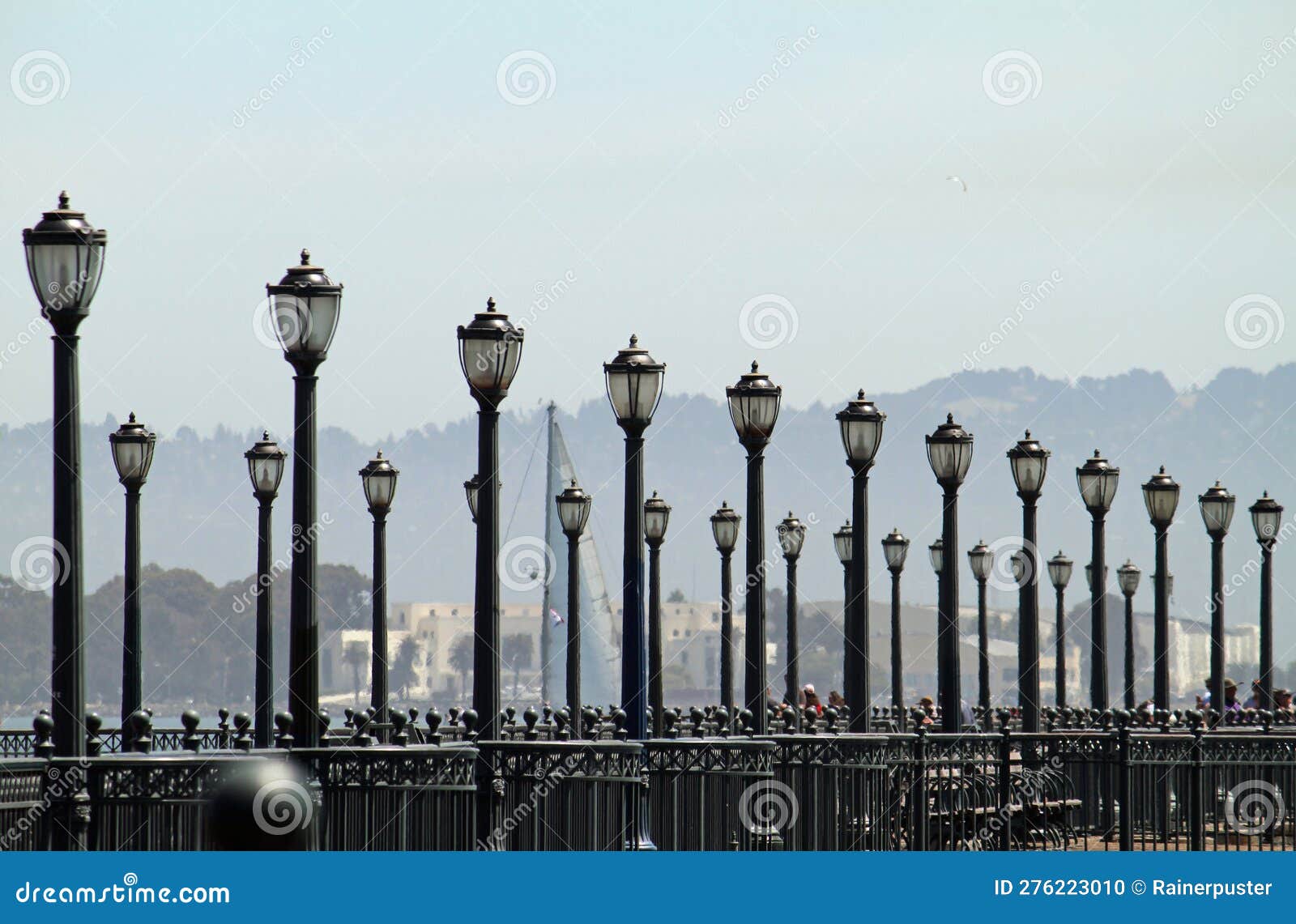 Lamp Posts on a Pier at San Francisco Bay Stock Photo Image of water