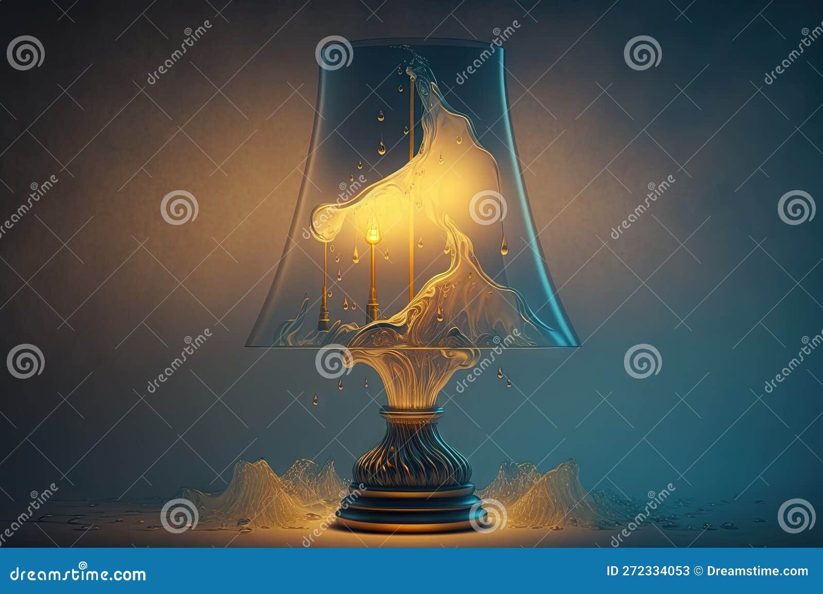 A Lamp that is on a Table with a Light on Top of it and a Liquid