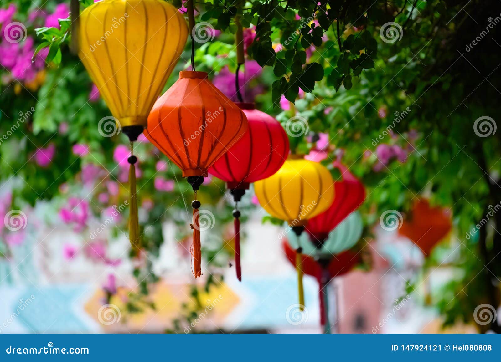 colorful lampions in hoi an, vietnam, street decorated with chinese lanterns
