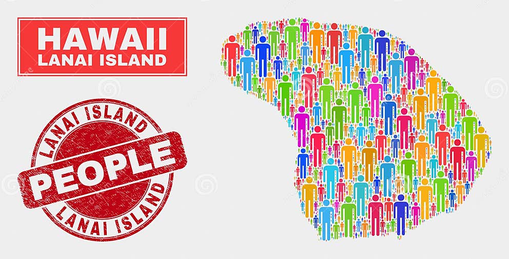Lanai Island Map Population People and Scratched Seal Stock Vector