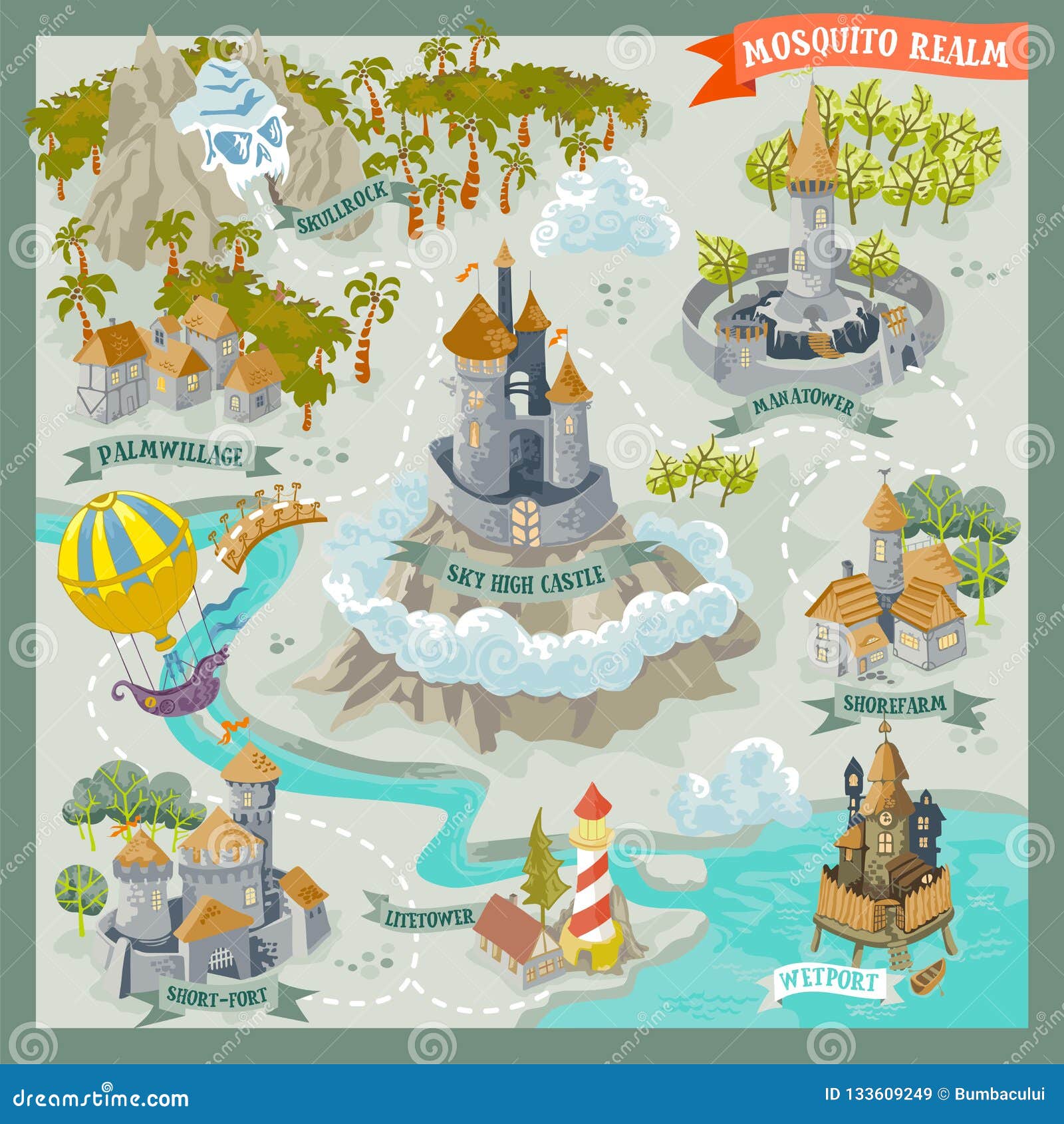 fantasy land adventure map for cartography with colorful doodle hand draw in 