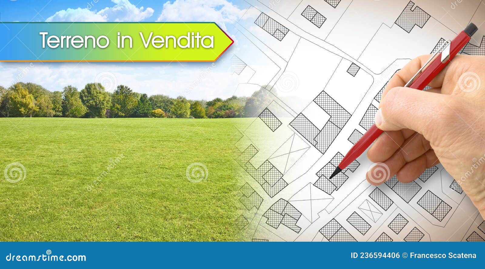 land for sale, in italian language terreno in vendita, concept with architect drawing an imaginary cadastral map of territory with