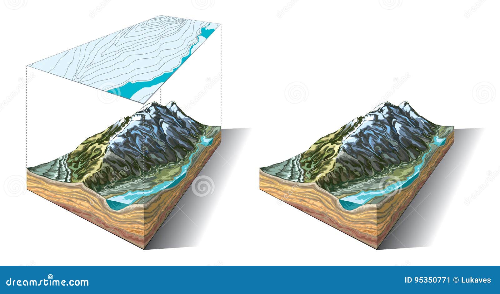 Landform 3D. Vector Illustration des Stückes 3D Landes mit topographischen Tiefenlinien