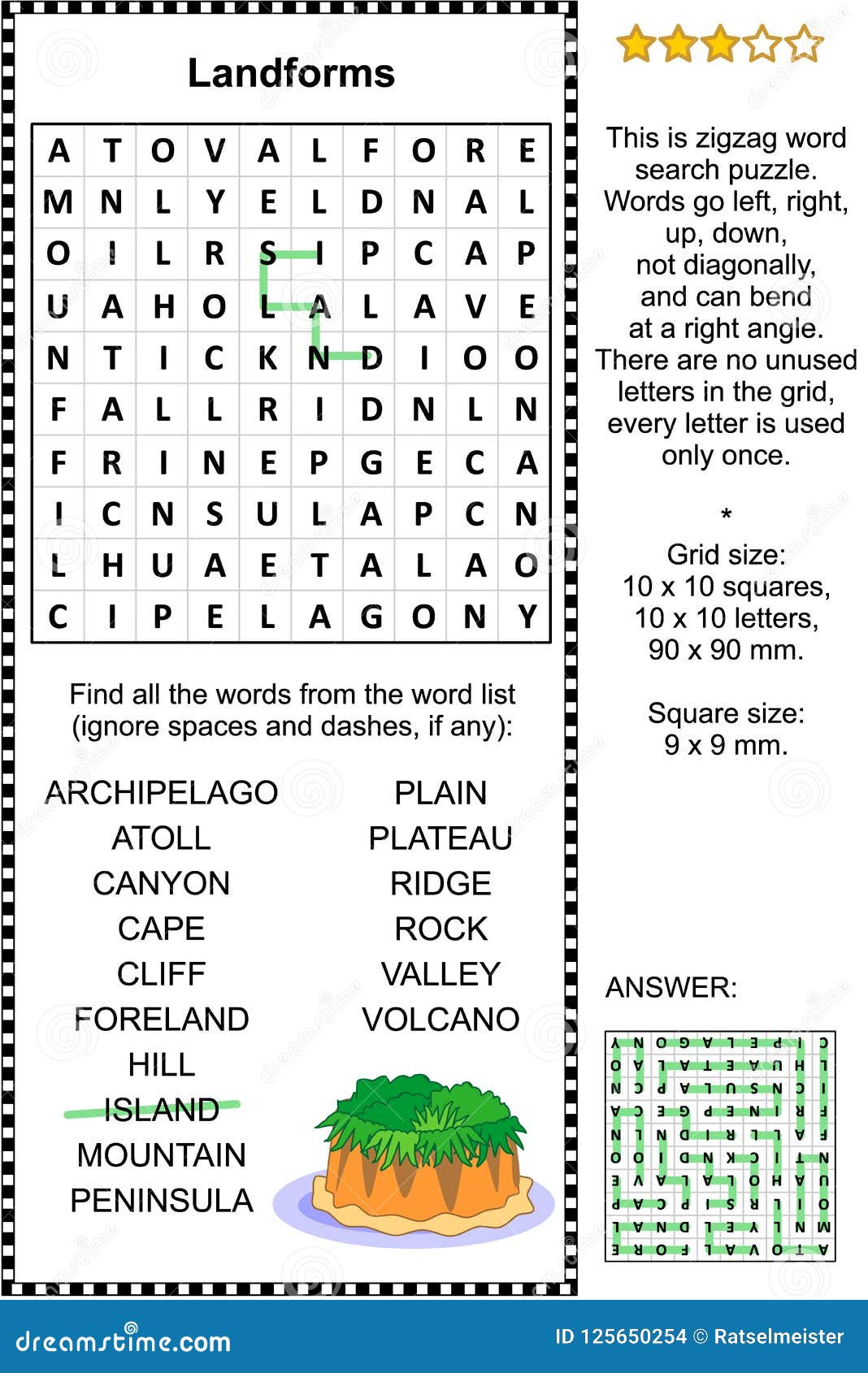 Landforms word search puzzle. Landforms themed zigzag word search puzzle suitable both for kids and adults. Answer included.