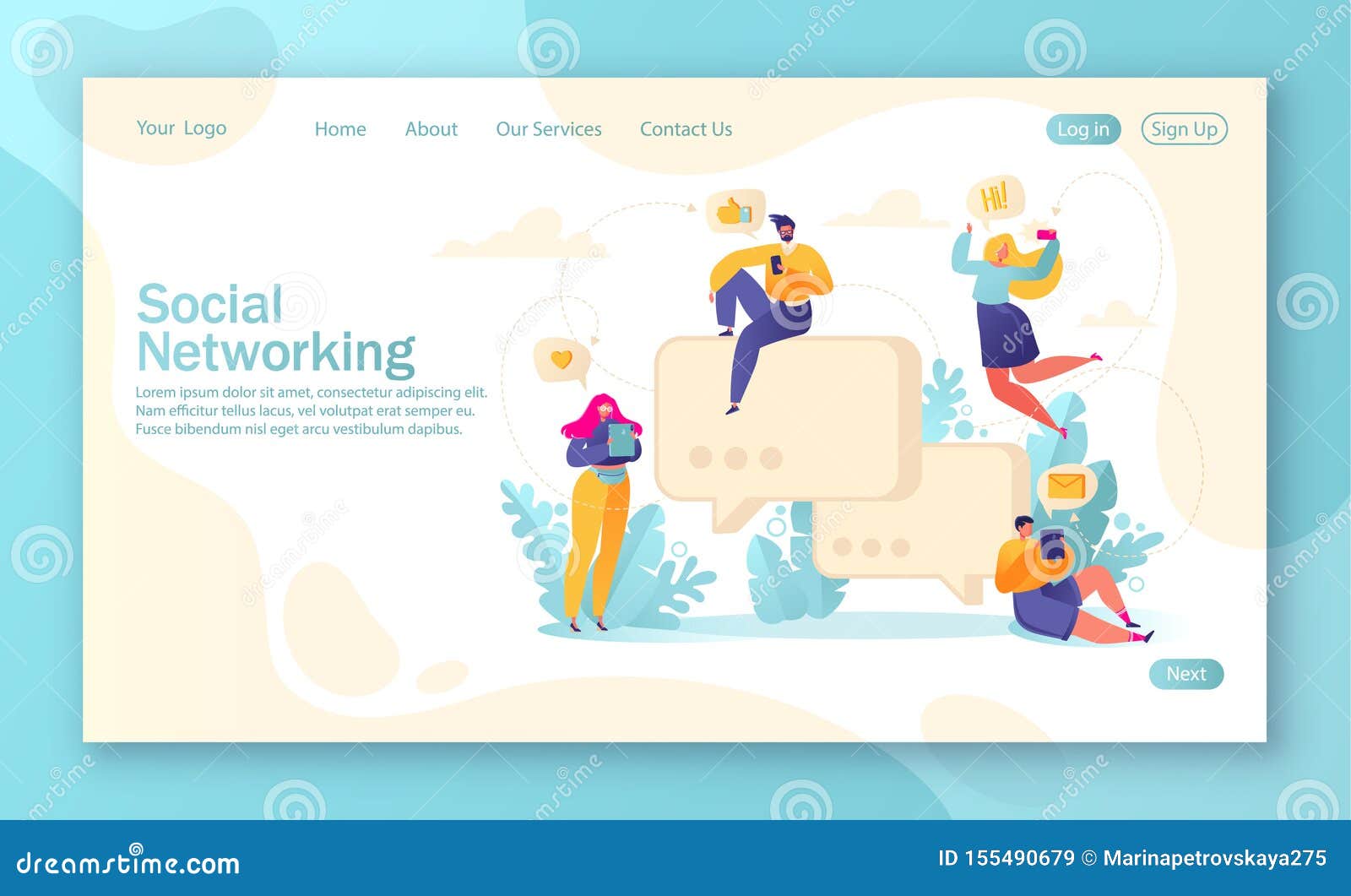 template for landing page, mobile website development and web page  with flat people characters chatting with phones and tab