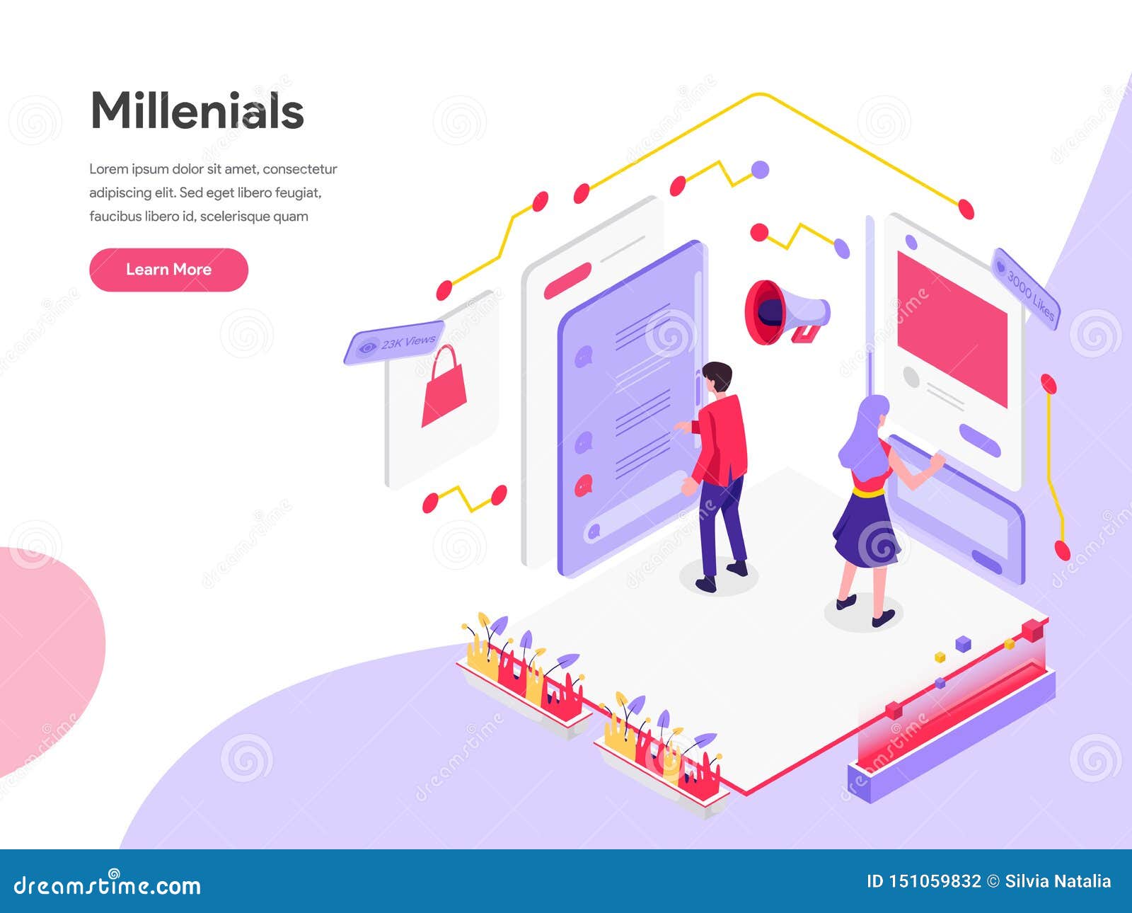 landing page template of millennials and social media isometric  concept. isometric flat  concept of web page
