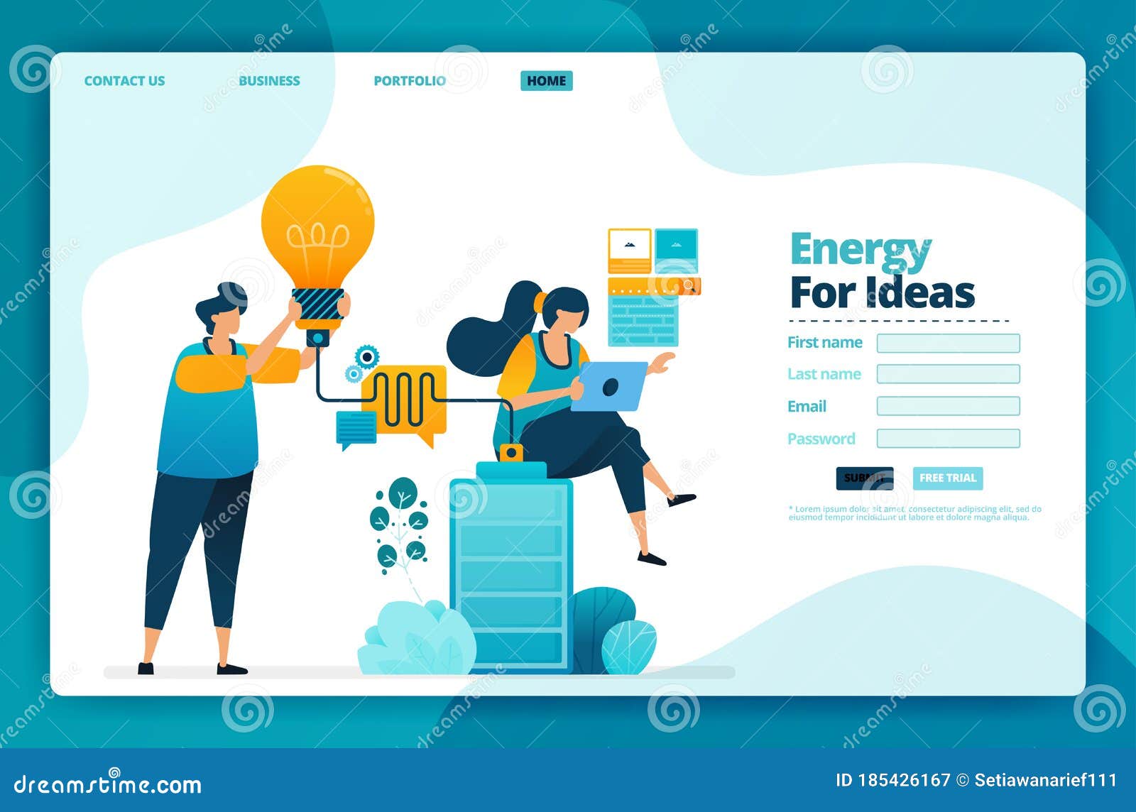 Landing Page Vector Design of Energy for Ideas. Design for Website Inside Welcome Brochure Template