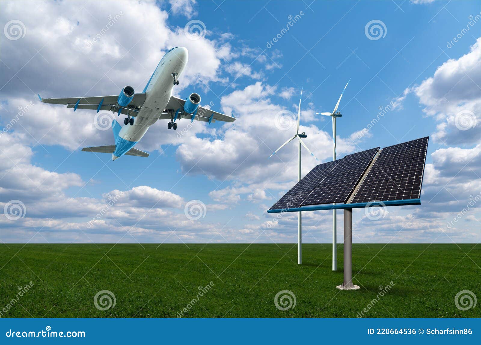 Landing Plane with Solar Panels and Wind Turbines Stock Photo Image