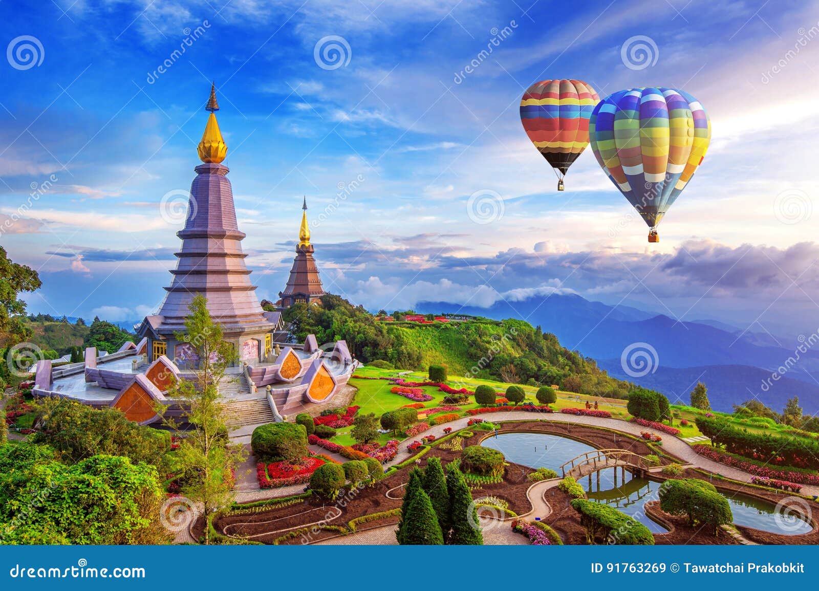 landmark pagoda in doi inthanon national park with balloon at chiang mai.