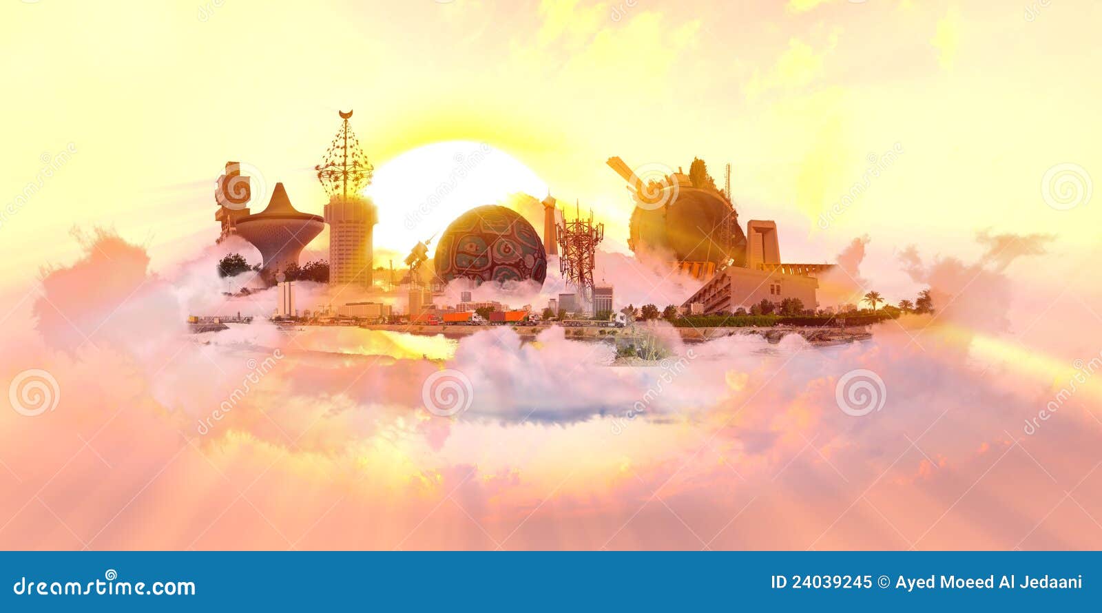 Landmarks from the City of Jeddah at Sunset Stock Illustration