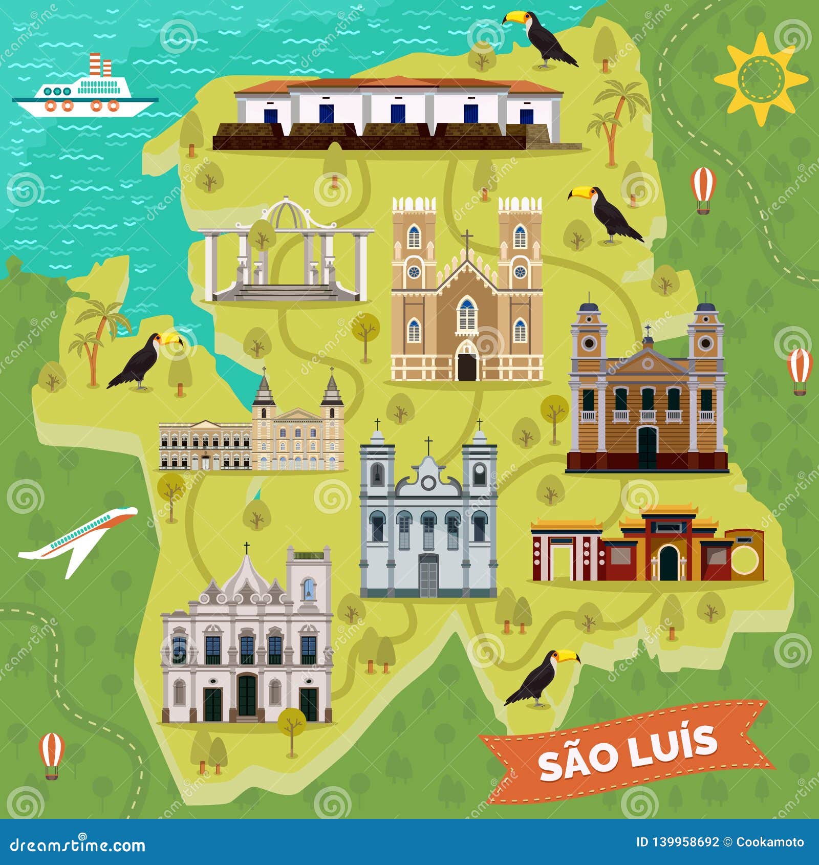 landmarks on map of sao luis. brazil sightseeing