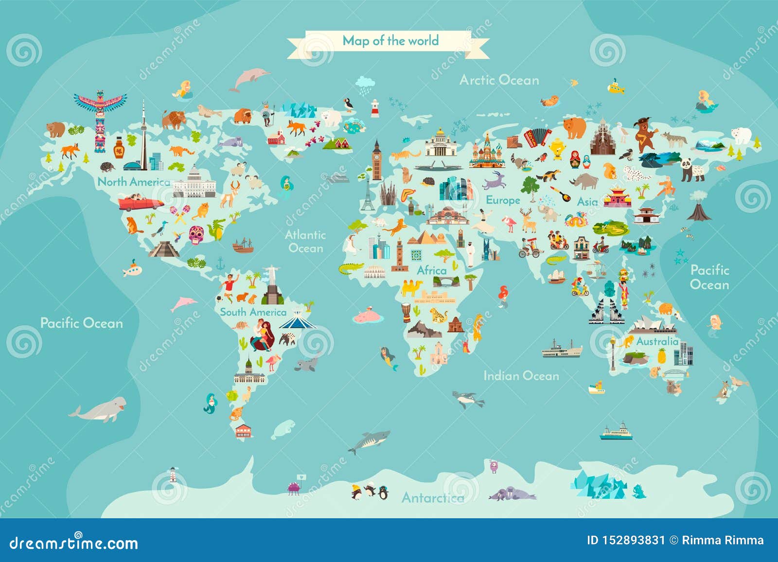 landmarks world map  cartoon 